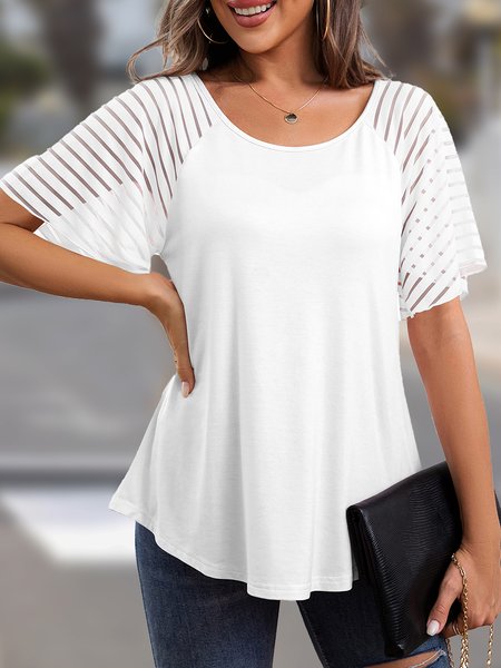Loose Crew Neck Simple Plain Shirt, White, Blouses & Shirts
