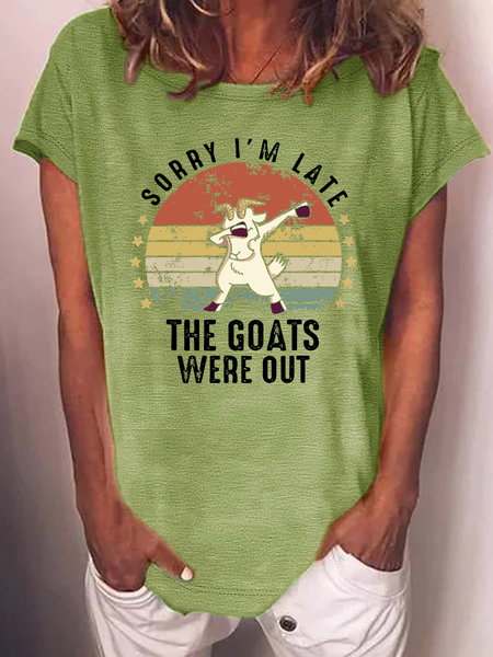 

Women’s Sorry I’m Late The Goats Were Out Funny Farm Animal Casual Cotton T-Shirt, Green, T-shirts