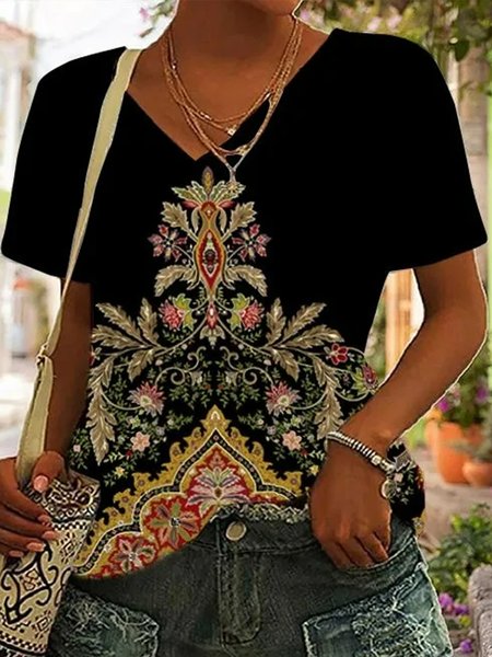 

Casual Loose Ethnic V Neck T-Shirt, Black, T-Shirts