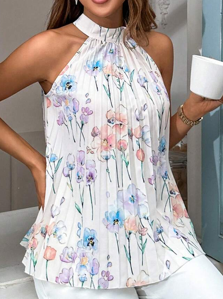 

Casual Floral Tank Top With No, White, Tanks & Camis