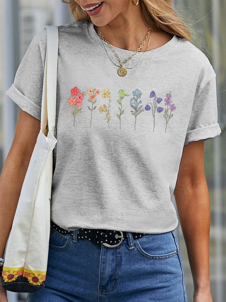 Women's Plant Flower Rainbow Lovelgbtq Pride Month Rainbow Funny Graphic Printing Cotton Casual Crew Neck Loose T-Shirt, Light gray, T-shirts