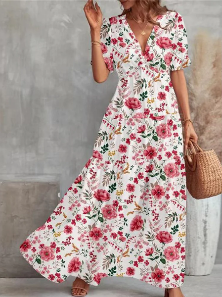 

Casual Floral Loose Dress With No Belt, White, Casual Dresses
