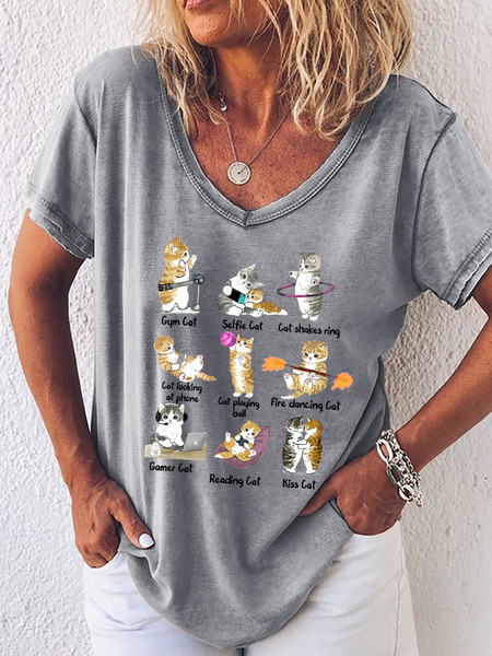 

Women's Funny Cat Action Simple Animal T-Shirt, Gray, T-shirts