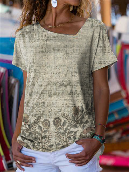 

Floral V Neck Loose Casual T-Shirt, Green, T-Shirts