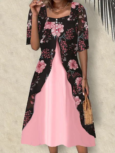 

Square Neck Loose Casual Floral Dress With No Belt, Pink, Casual Dresses