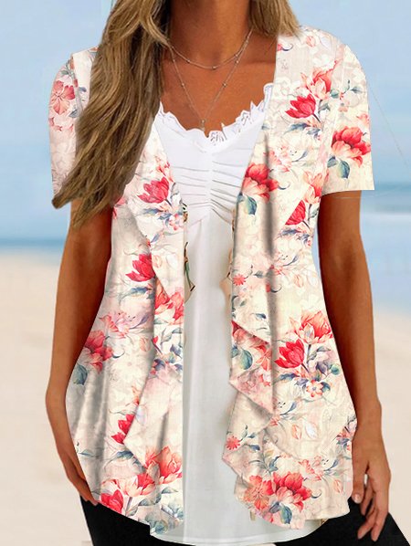V Neck Casual Floral Shirt, Apricot, Shirts & Blouses