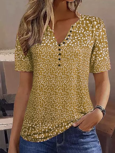 Crew Neck Casual Buckle Loose Blouse, Yellow, Blouses