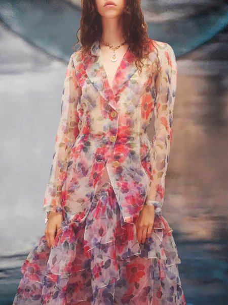 Long sleeve Floral Regular Fit Elegant Lapel Collar Blazer, Red, Blazers
