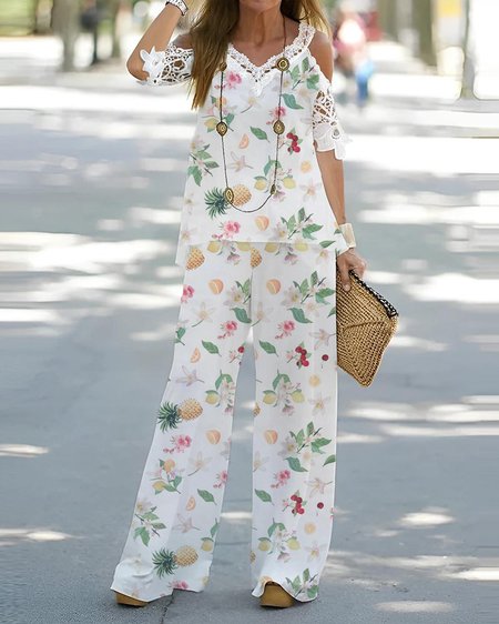 

Lace Fruit Spaghetti Casual Two-Piece Set, White, Suit Set
