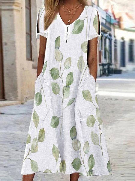 

Casual Loose V Neck Leaf Dress, White, Midi Dresses