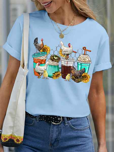 

Women’s Animal Chicken Ice Coffee Cups Casual Crew Neck T-Shirt, Light blue, T-shirts