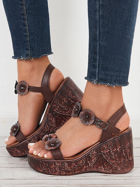 

Retro Floral Ankle Strap Wedge Sandals, Deep brown, Sandals