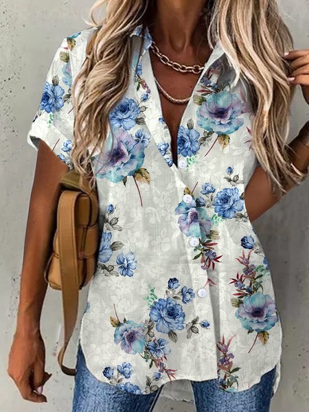 

Floral Shirt Collar Casual Blouse, Apricot, Shirts & Blouses