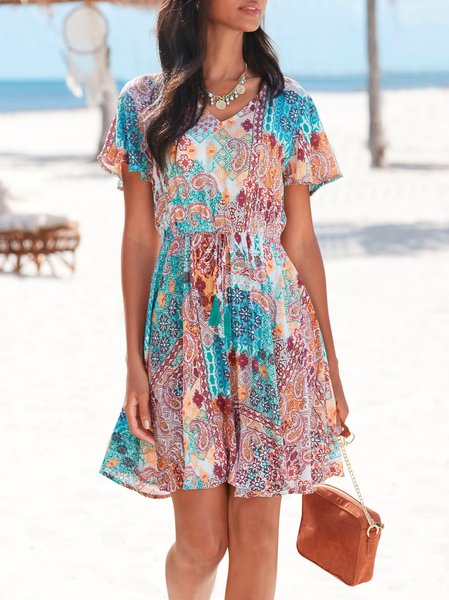 

V Neck Regular Fit Ethnic Vacation Dress, Blue, Casual Dresses