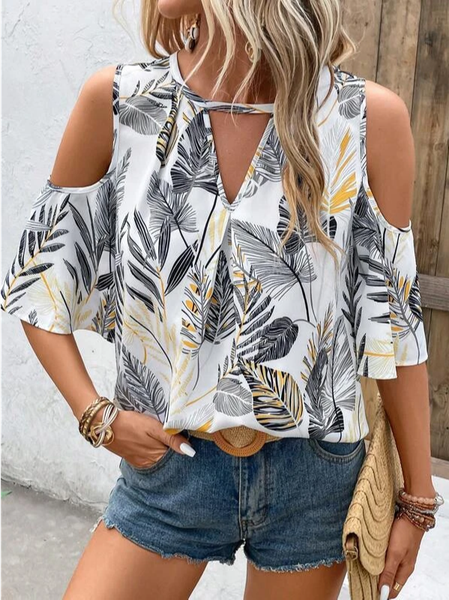 

Floral V Neck Casual Loose Shirt, White, Shirts & Blouses