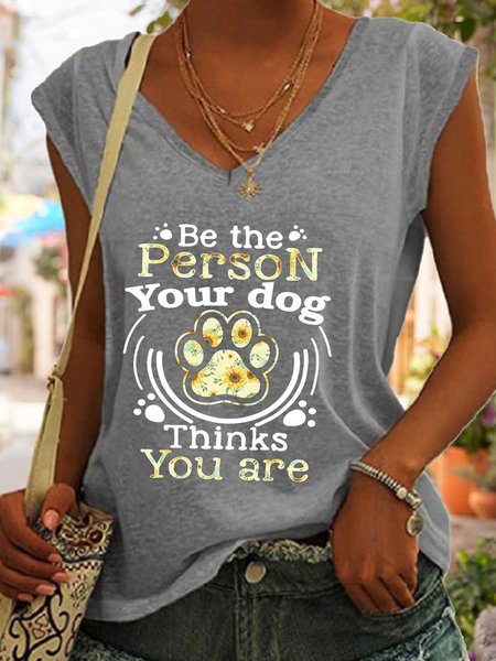 

Women's be the person your dog thinks you are sunflower dog footprint V Neck Casual Tank Top, Gray, Tank Tops