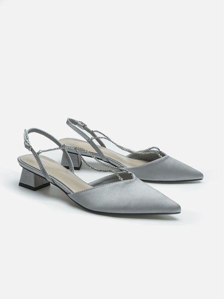 

Satin Rhinestone Pointed Toe Chunky Heel Shoes, Light blue, Heels