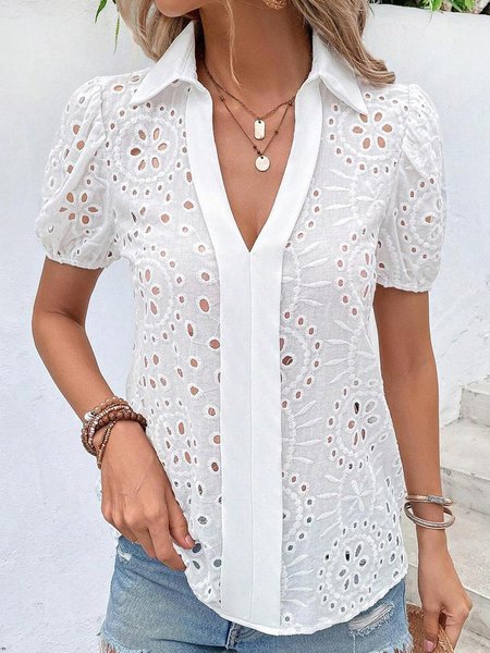 

Shawl Collar Cotton Casual Jacquard Blouse, White, Shirts & Blouses
