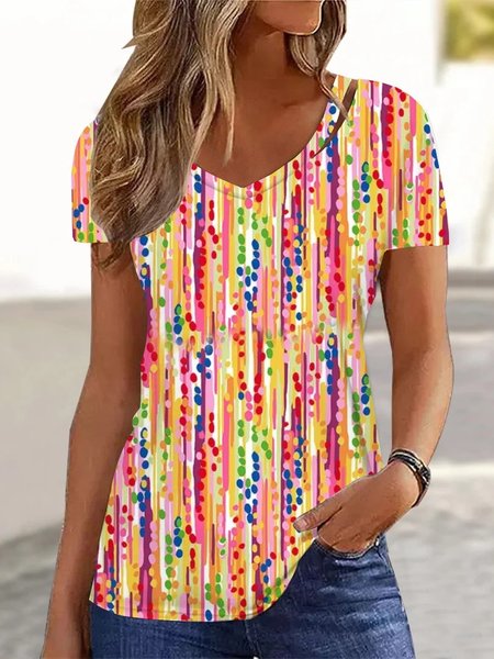 

V Neck Casual Polka Dots Loose T-Shirt, Yellow, T-Shirts