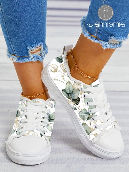 

Anniemia Green Leaf Printed Raw Hem Casual Canvas Shoes, Sneakers