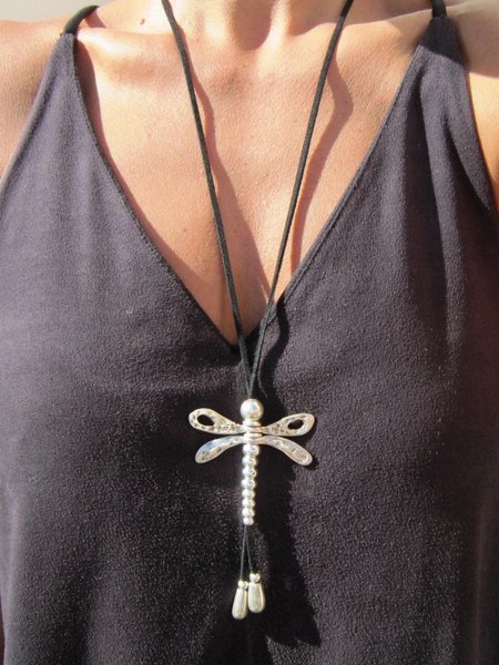 

Vintage Dragonfly Pattern Beaded Leather Necklace Sweater Chain Western Style Ethnic Women's Jewelry, As picture, Necklaces