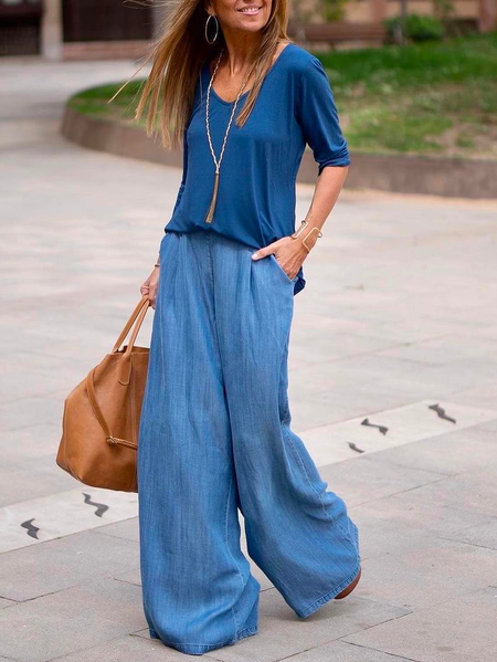 

Plain V Neck Loose Casual Two-Piece Set, Blue, Suit Set