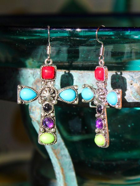 

Retro Colored Crystal Cross Earrings Ethnic Style Female Jewelry, As picture, Earrings