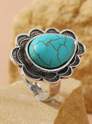 

Ethnic Wind Turquoise Metal Distressed Open Ring Retro Casual Women's Jewelry, As picture, Rings