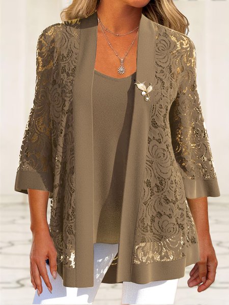 

Casual Plain Lace Loose Two-Piece Set, Khaki, Suits