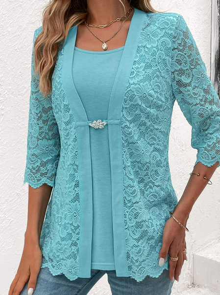 

Lace Loose Elegant Crew Neck Shirt, Blue, Shirts & Blouses