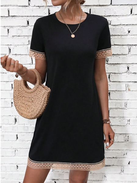 

Loose Casual Plain Crew Neck Lace Dress, Black, Dresses