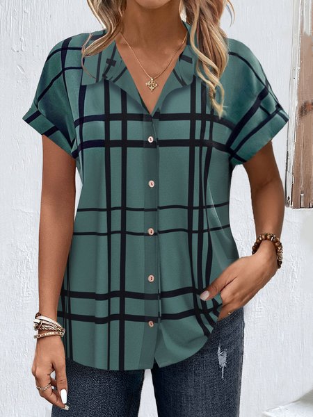 

Casual Plaid Shirt Collar Blouse, Dark green, Shirts & Blouses