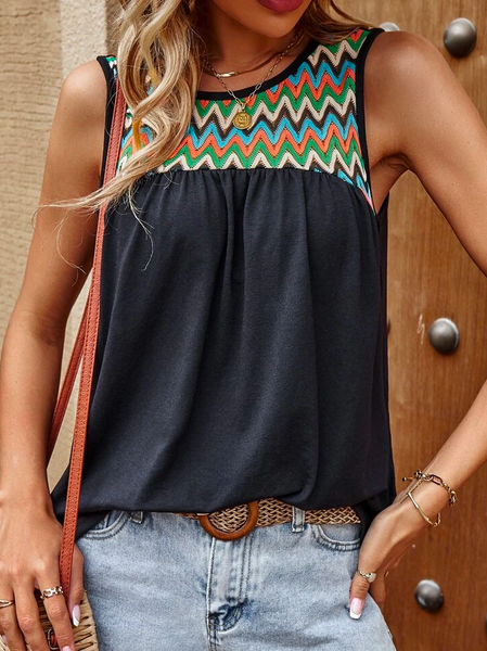 

Casual Loose Chevron Print Tank Top, Black, Tanks & Camis