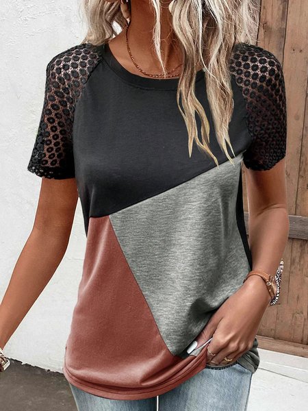 

Contrast Color Stitching Lace Loose Knitted Casual Top, Black, Shirts & Blouses