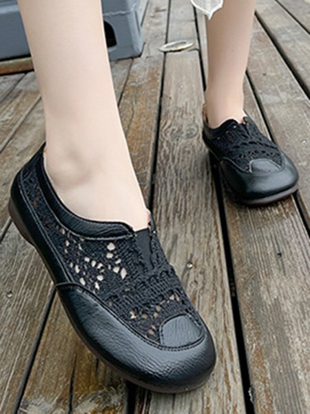

Urban Fashion Breathable Lace PU Flats, Black, Flats