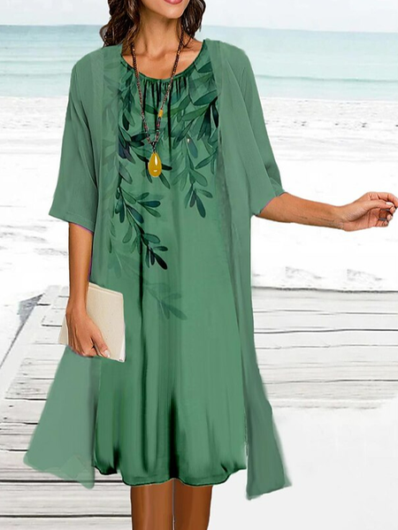 

Loose Crew Neck Floral Elegant Two-Piece Set, Green, Suit Set