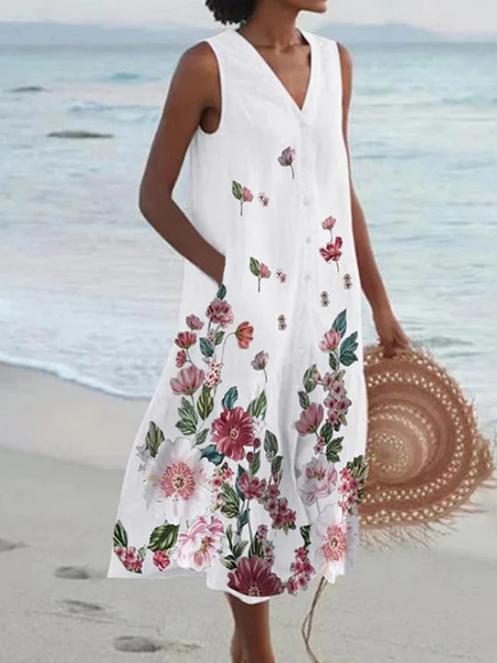 

V Neck Loose Casual Floral Dress With No Belt, White, Casual Dresses