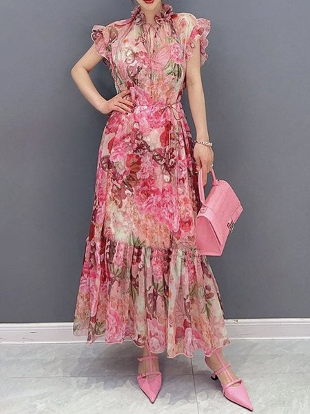 

Floral Elegant Lotus Leaf Collar Regular Fit Dress With Belt, Flower, Maxi Dresses