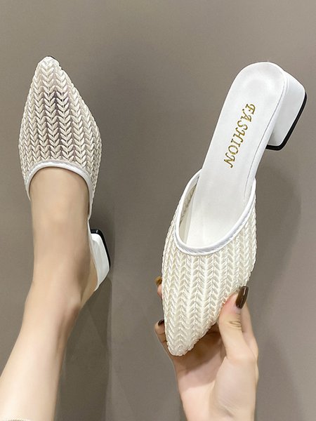 

Leaf Embroidered Mesh Breathable Chunky Heel Mules, White, Flats