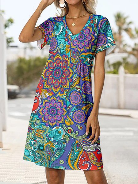 

Ethnic V Neck Loose Casual Dress, Blue purple, Casual Dresses