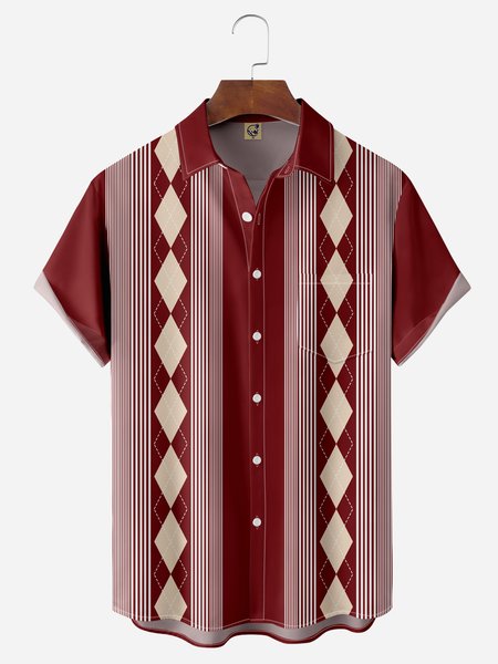 

Diamond Check Chest Pocket Short Sleeve Bowling Shirt, Red, Men Shirts