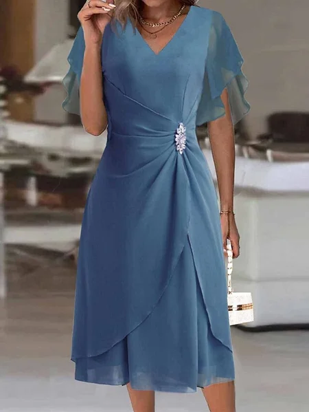 

Chiffon Elegant V Neck Regular Fit Ruffled Sleeves Dress, Navy blue, Dresses