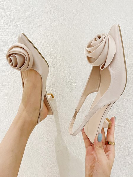 

Three-dimensional Rose Satin Elegant Low-heeled Shoes, Champagne, Heels