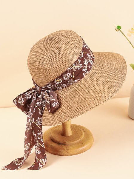 

Vacation Floral Ribbon Decorated Straw Hat Bohemia Beach Women's Sunscreen Accessories, Khaki, Women Hats