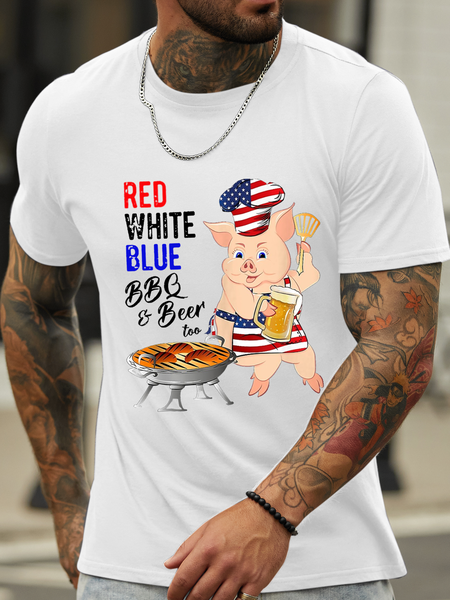

Men's Cotton American Flag Pig Red White Blue BBQ And Beer Too T-Shirt, T-shirts