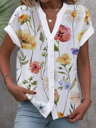 

Casual Floral V Neck Blouse, White, Shirts & Blouses
