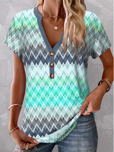 

Geometric Casual Stand Collar Shirt, Green, Shirts & Blouses