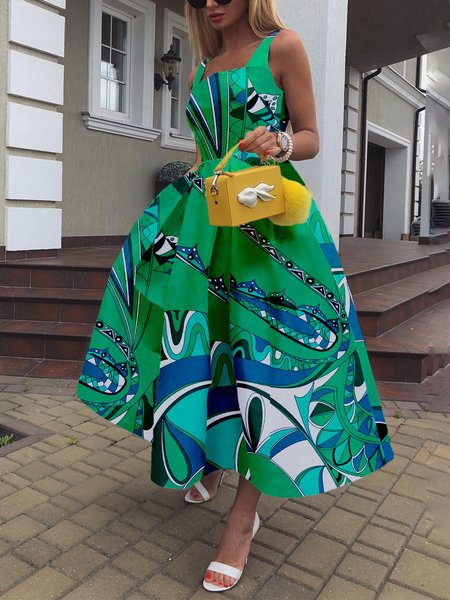 

Regular Fit Abstract Vacation Midi Dress With No Belt, Green, Midi Dresses