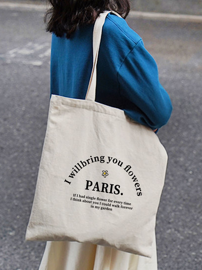 

"I Willbring You Flowers" Pattern Large Capacity Canvas Women's Shoulder Bag Tote, Off white, Women's Bags