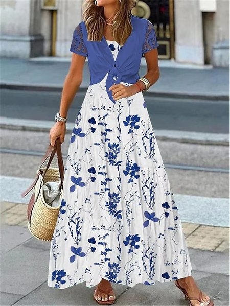 

Lace V Neck Loose Elegant Two-Piece Set, Blue, Suit Set